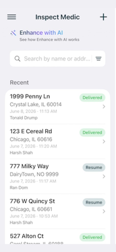 InspectMedic home screen showing recent inspections
